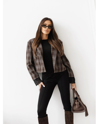 Marynarka krótka w kratkę By o la la...! czekoladowo szara