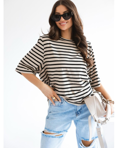T-shirt z poduszkami w paski By o la la...! beżowy z czarnym