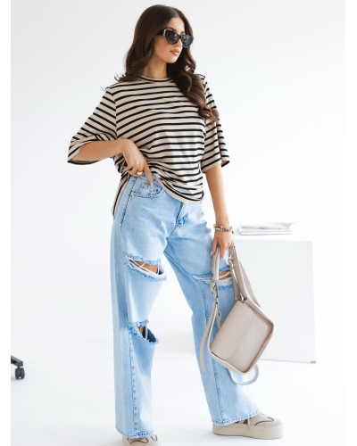 T-shirt z poduszkami w paski By o la la...! beżowy z czarnym