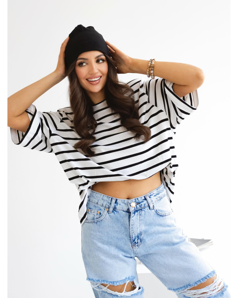 T-shirt z poduszkami w paski By o la la...! biały z czarnym