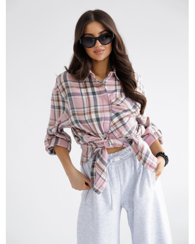 Koszula w kratę By o la la...! różowa z szarym