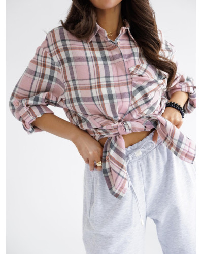 Koszula w kratę By o la la...! różowa z szarym