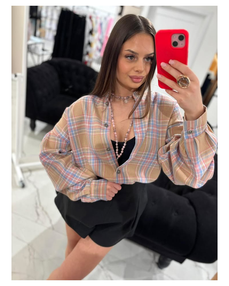 Koszula w kratę ze stójką La Milla camelowa z różem