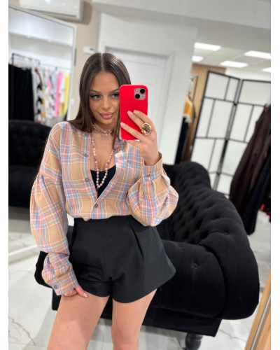 Koszula w kratę ze stójką La Milla camelowa z różem