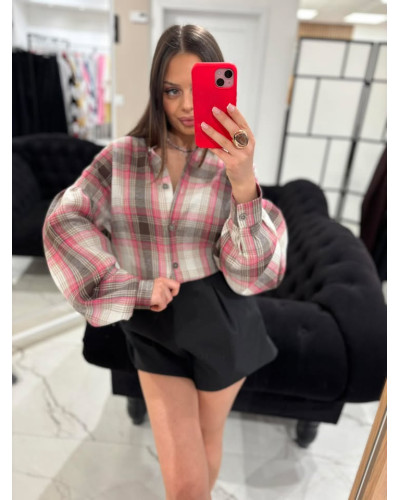 Koszula w kratę ze stójką La Milla czekoladowa z różem