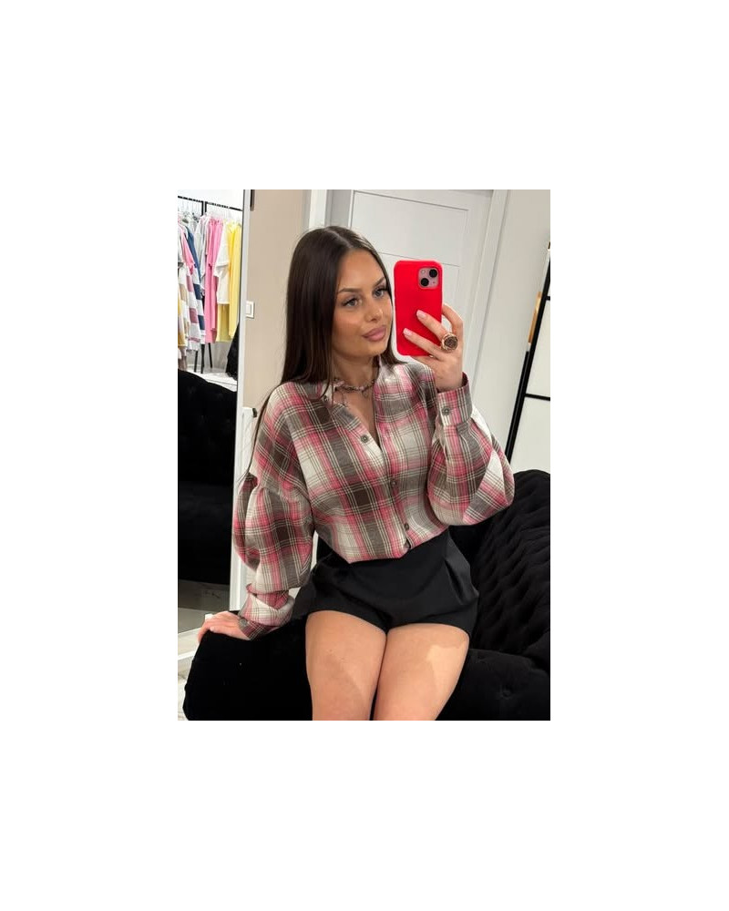 Koszula w kratę ze stójką La Milla czekoladowa z różem