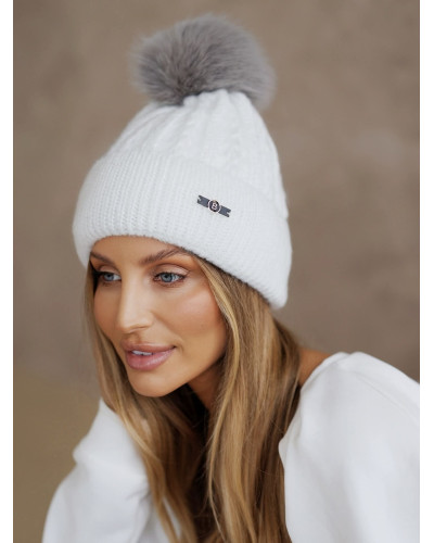 Czapka z pomponem By o la la...! biała z szarym