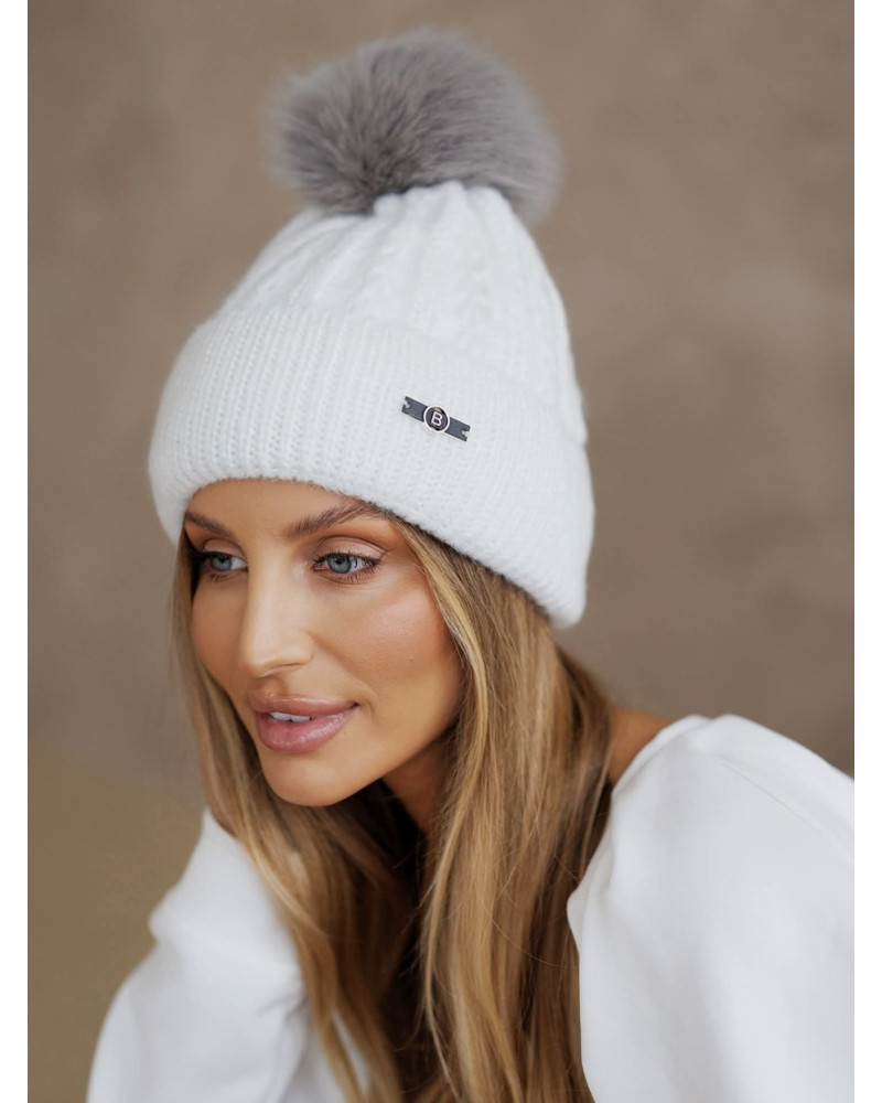 Czapka z pomponem By o la la...! biała z szarym