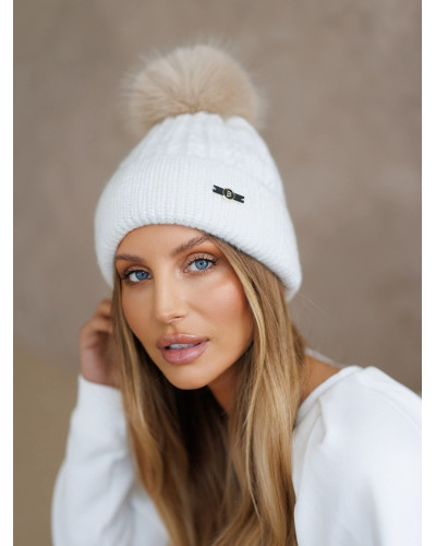 Czapka z pomponem By o la la...! biała z beżem