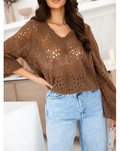 Sweter ażurowy w serek By o la la...! kakao