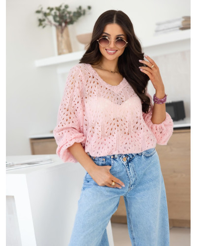 Sweter ażurowy w serek By o la la...! różowy