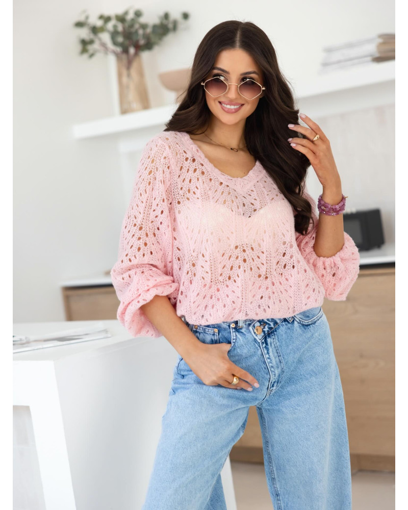 Sweter ażurowy w serek By o la la...! różowy