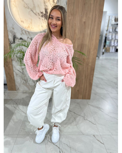 Spodnie z eko skóry z ozdobnym wiązaniem By o la la...! śmietanowe