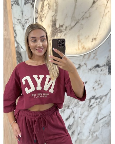 T-shirt NYC By o la la...! merlot z beżowym