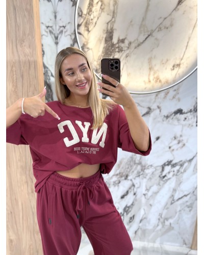 T-shirt NYC By o la la...! merlot z beżowym