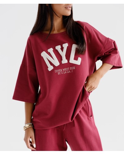 T-shirt NYC By o la la...! merlot z beżowym