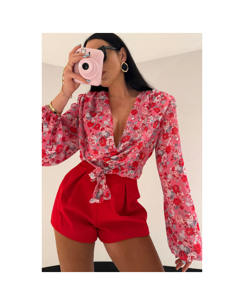 Koszula wiązana w kwiaty La Milla różowa z czerwienią