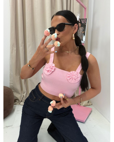 Top dzianinowy z różyczkami La Milla różowy