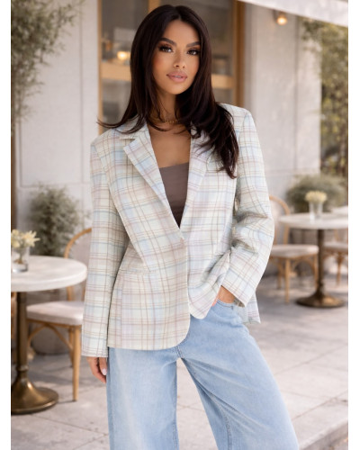 Marynarka w kratę By o la la...! beżowa z błękitem