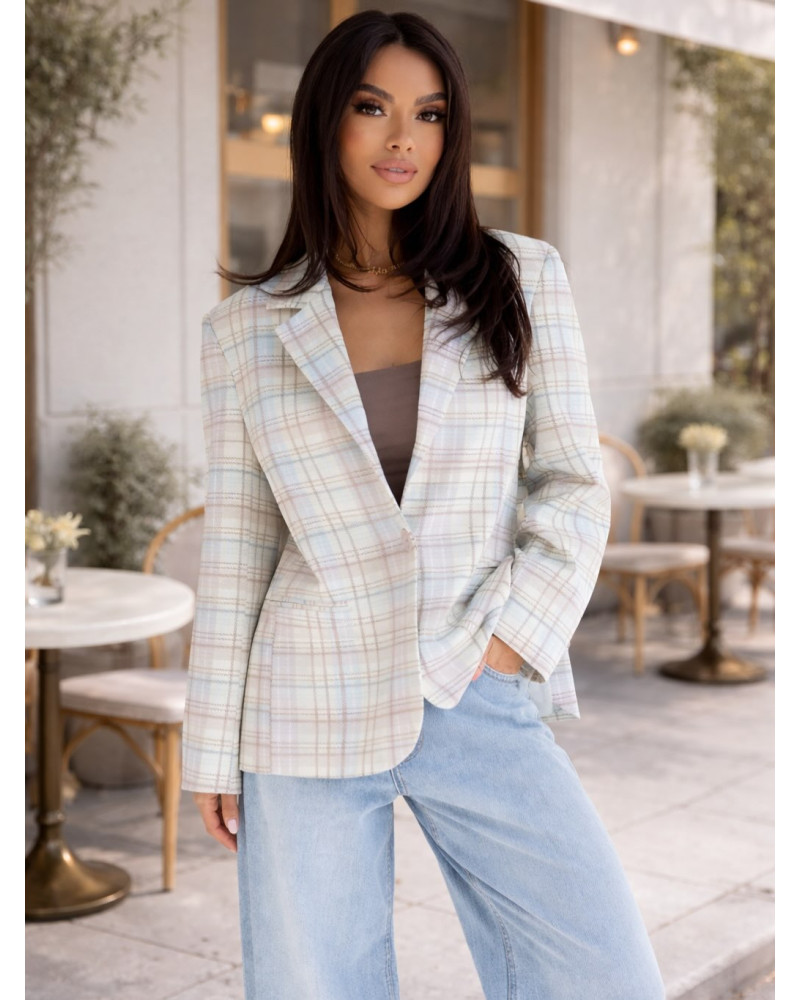 Marynarka w kratę By o la la...! beżowa z błękitem