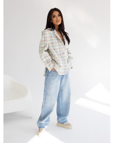 Marynarka w kratę By o la la...! beżowa z błękitem