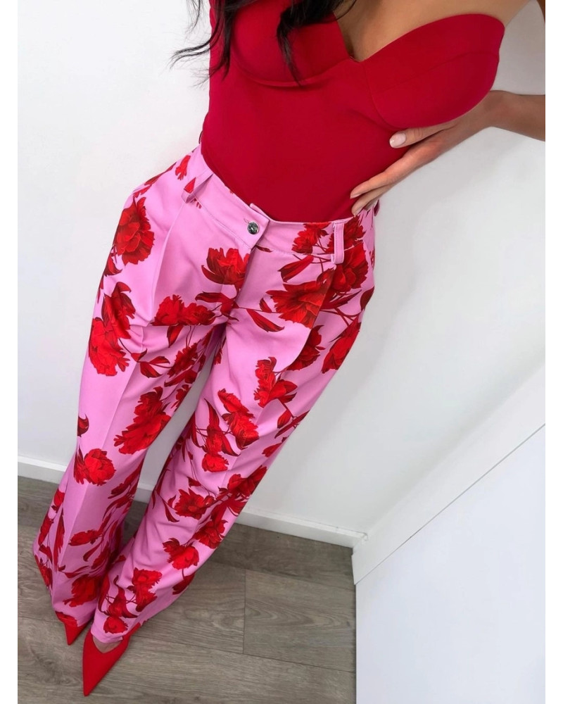 Spodnie materiałowe w kwiaty La Milla różowe