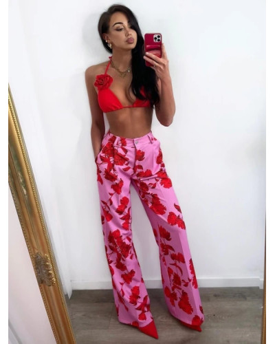 Spodnie materiałowe w kwiaty La Milla różowe