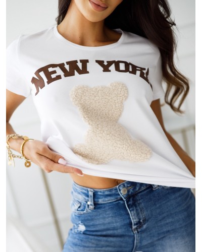 T-shirt New York z misiem By o la la...! śmietankowy