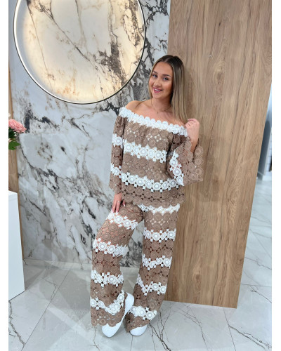 Komplet ażurowy By o la la...! biały z kakao
