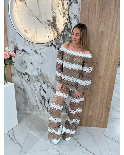 Komplet ażurowy By o la la...! biały z kakao