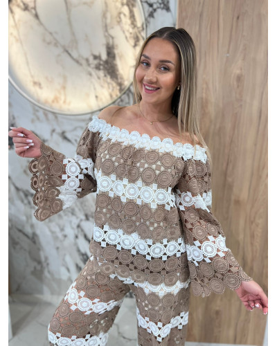 Komplet ażurowy By o la la...! biały z kakao
