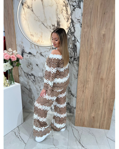 Komplet ażurowy By o la la...! biały z kakao