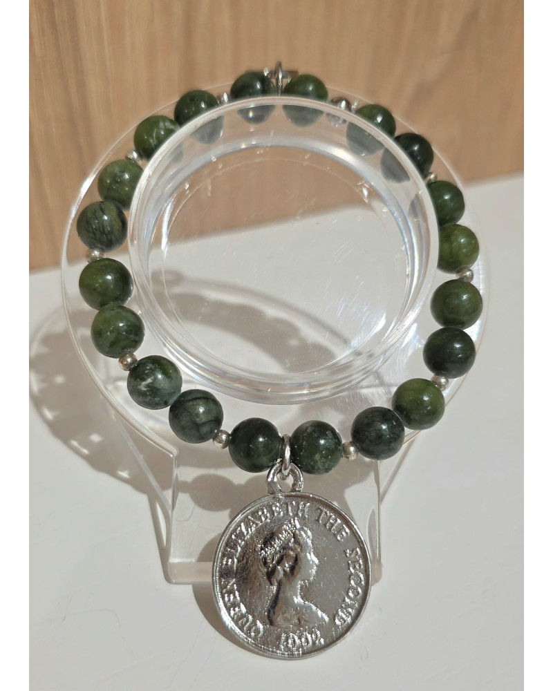 Bransoletka By o la la...! Jadeit zielony ze srebrną monetą