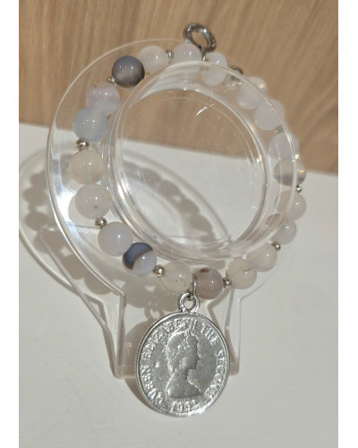 Bransoletka By o la la...! Agat beżowy ze srebrną monetą