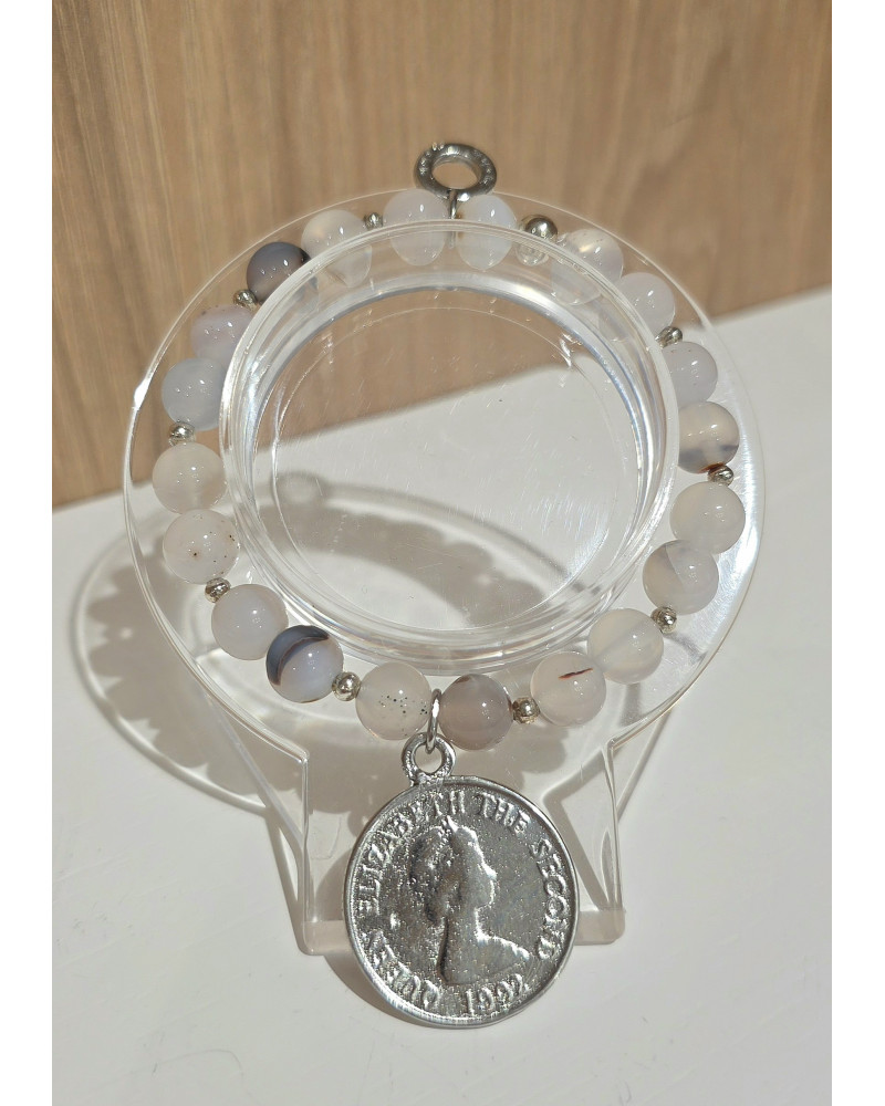 Bransoletka By o la la...! Agat beżowy ze srebrną monetą