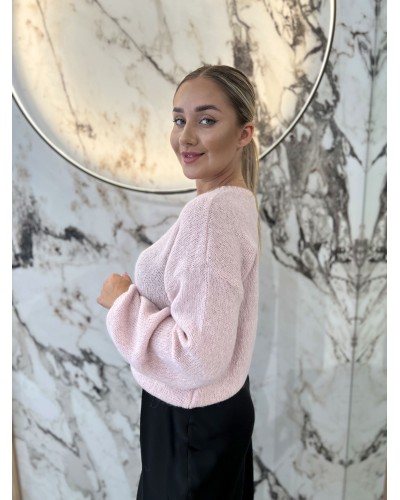 Sweter w szpic z bufiastym rękawem By o la la...! pudrowy róż