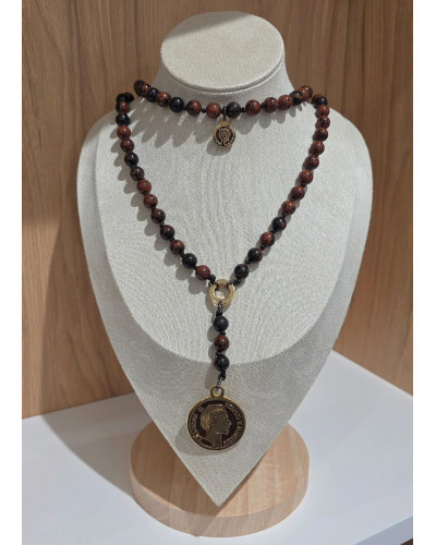 Naszyjnik różaniec z obsydianu mahoniowego By o la la...! ze złotą monetą