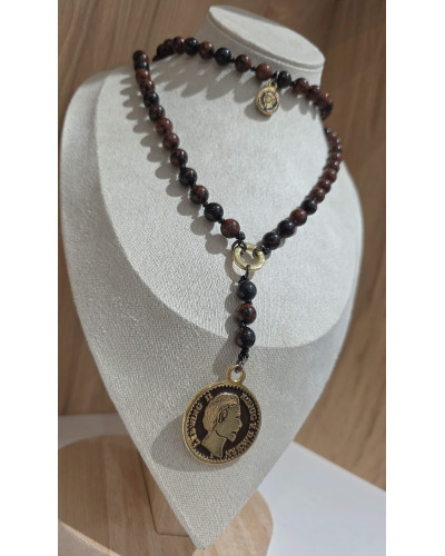 Naszyjnik różaniec z obsydianu mahoniowego By o la la...! ze złotą monetą
