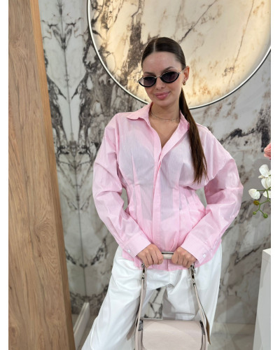 Koszula w kratkę taliowana z zakładkami By o la la...! różowa