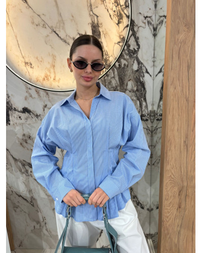 Koszula w kratkę taliowana z zakładkami By o la la...! błękitna