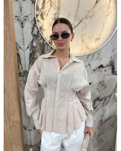 Koszula w kratkę taliowana z zakładkami By o la la...! beżowa