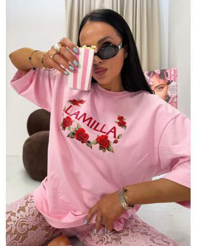 T-shirt z haftem i różami La Milla różowa