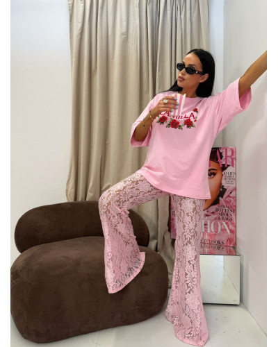 T-shirt z haftem i różami La Milla różowa