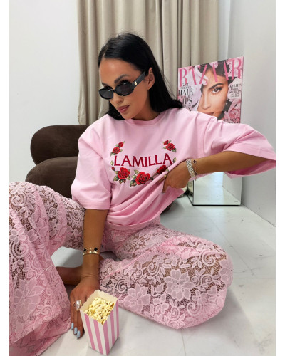 T-shirt z haftem i różami La Milla różowa