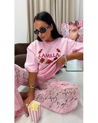 T-shirt z haftem i różami La Milla różowa