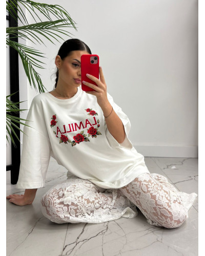 T-shirt z haftem i różami La Milla śmietankowa