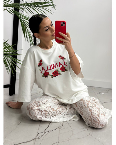 T-shirt z haftem i różami La Milla śmietankowa