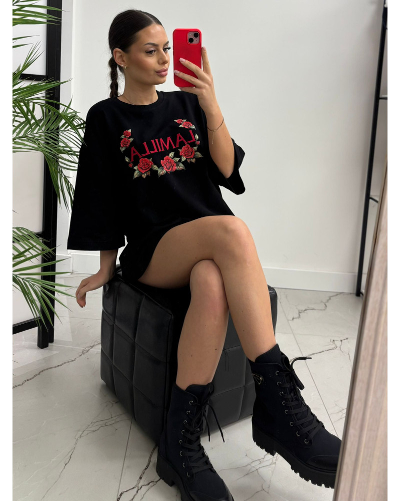 T-shirt z haftem i różami La Milla czarna