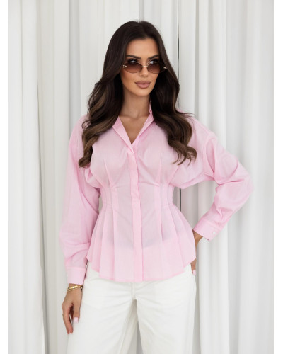 Koszula w kratkę taliowana z zakładkami By o la la...! różowa