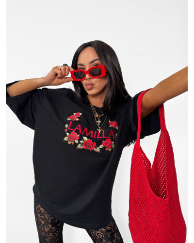 T-shirt z haftem i różami La Milla czarna